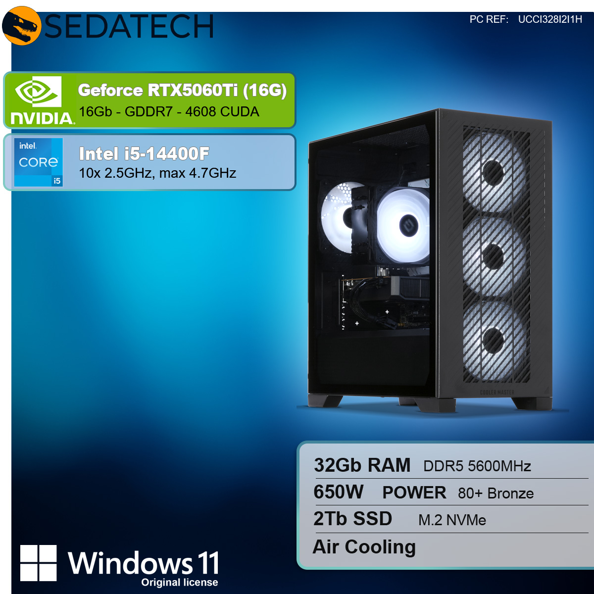 Obudowa komputera z białymi wentylatorami pośrodku. Specyfikacje obejmują GeForce RTX5060Ti, Intel i5, 32 GB RAM, 2 TB SSD i Windows 11.