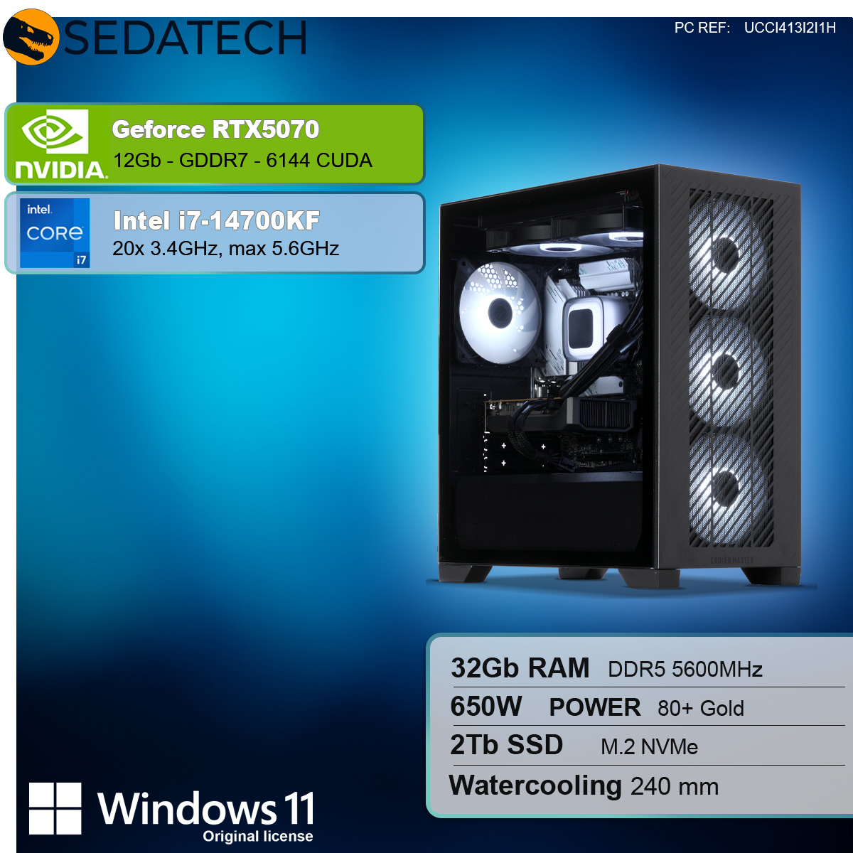 Pokazano obudowę komputera ze szczegółami komponentów. NVIDIA GeForce RTX5070, Intel i7-14700KF, 32 GB RAM, 2 TB SSD i Windows 11.