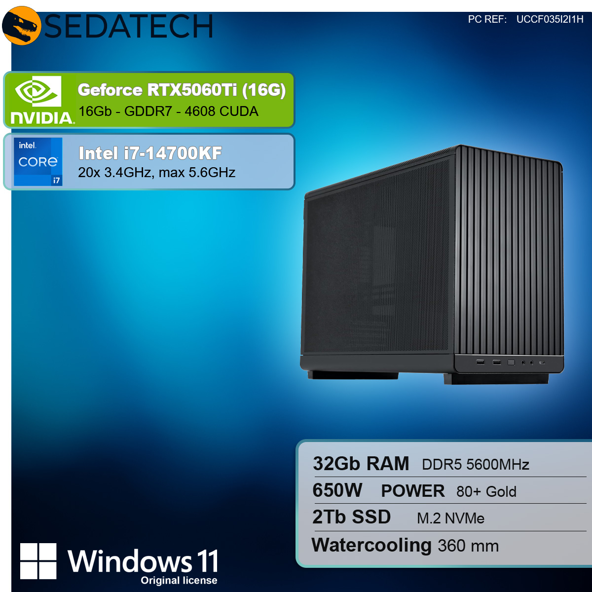 Schwarzes Computergehäuse, Spezifikationen: RTX5060Ti, Intel i7, 32GB RAM, 2TB SSD und Windows 11. Blauer Hintergrund.