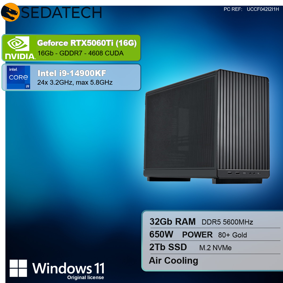 Czarna obudowa komputera stacjonarnego na tle niebieskiego gradientu. Widoczne specyfikacje GPU, CPU, RAM i SSD.