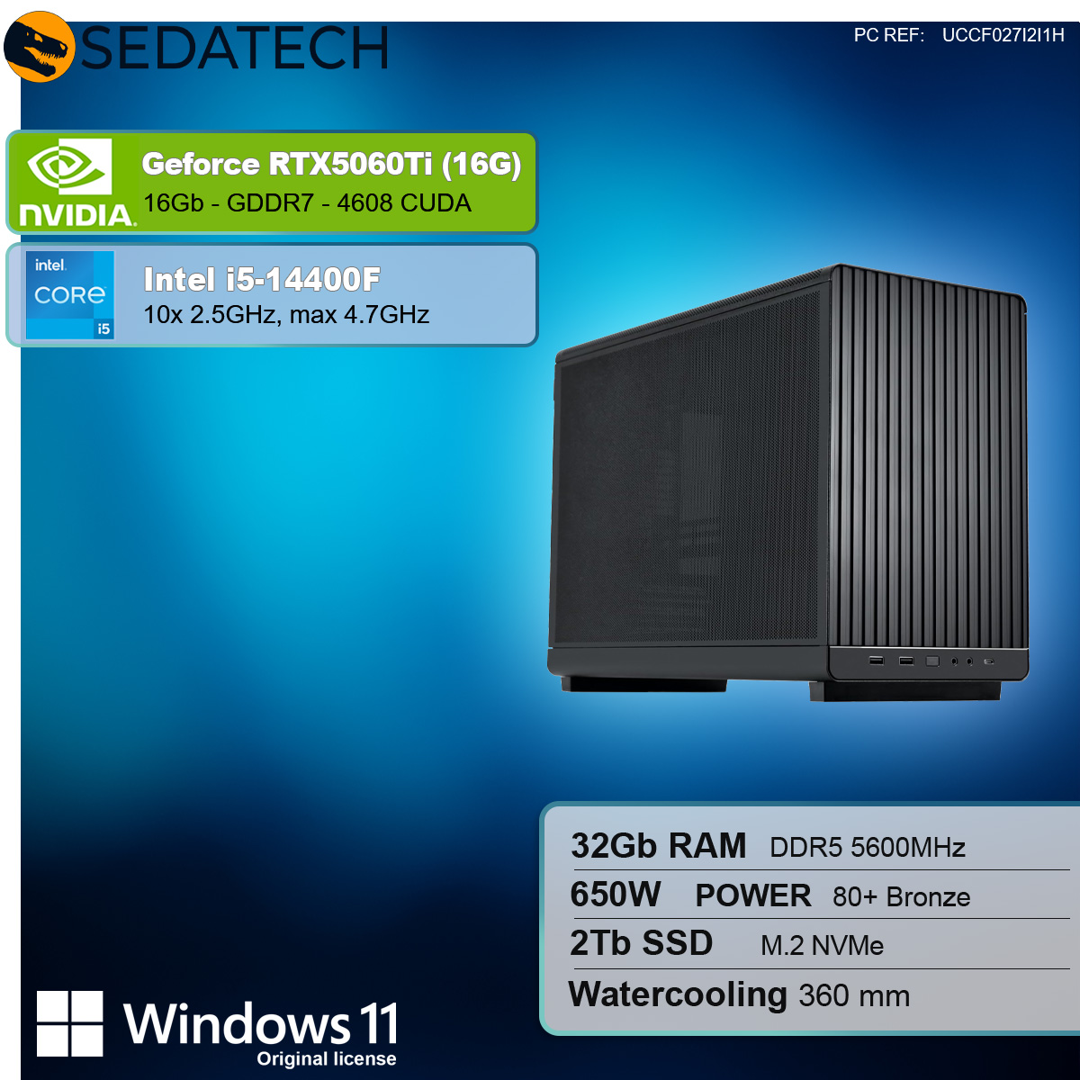 Schwarzer PC-Gehäuse mit Spezifikationen: RTX 5060Ti, Intel i5, 32GB RAM, 2TB SSD und Windows 11. Blauer Farbverlauf im Hintergrund.