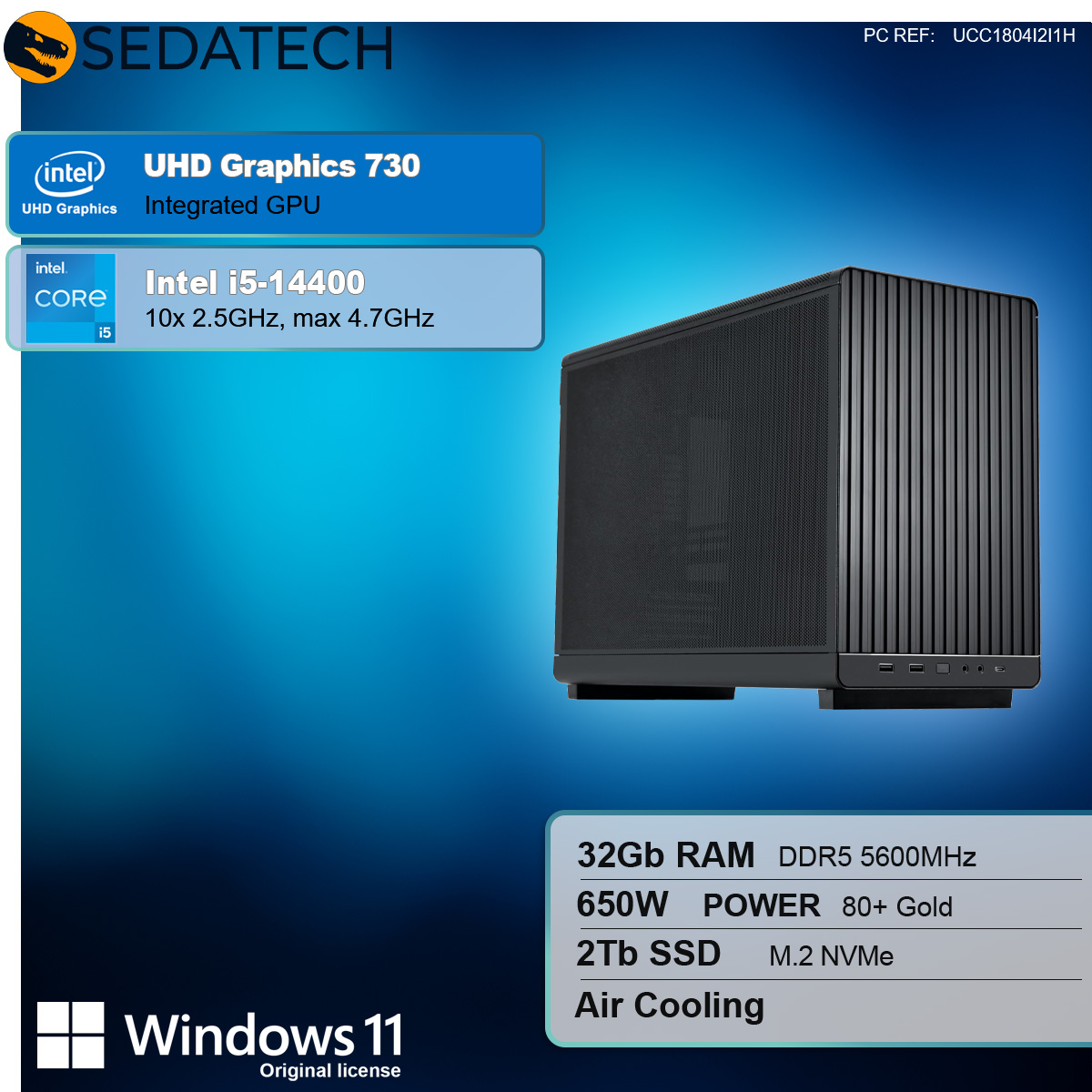 Schwarzes Computergehäuse, Intel-Prozessordetails und Windows 11-Logo. Spezifikationen umfassen RAM, SSD, Netzteil und Kühlung.