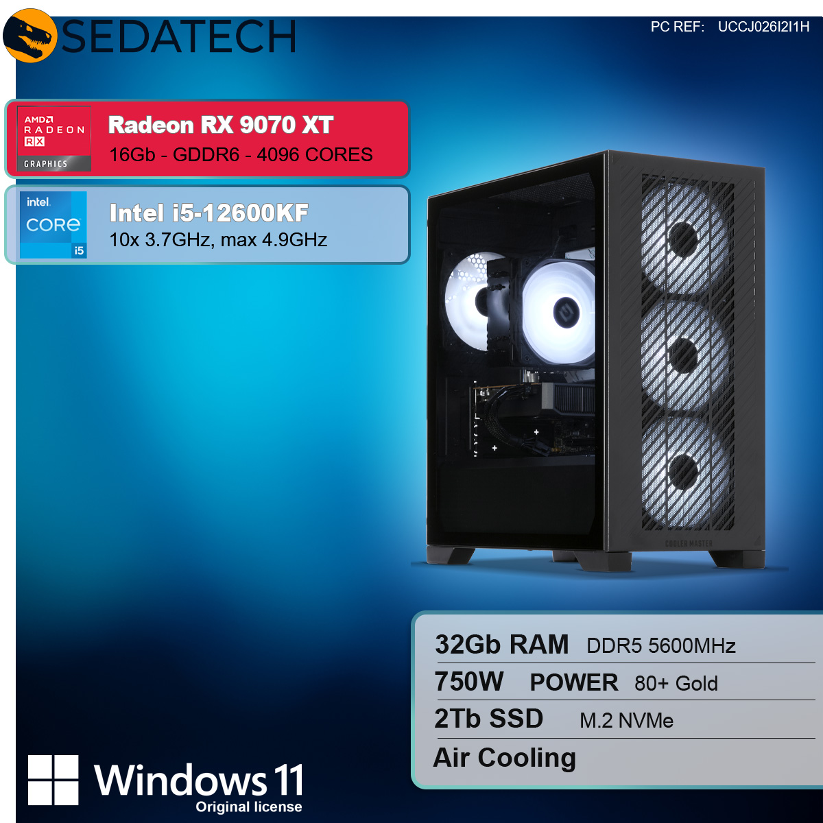 Obudowa komputera ze szklanym panelem bocznym. Specyfikacje pokazują Radeon RX 9070 XT, Intel i5, 32 GB RAM, 2 TB SSD i Windows 11.