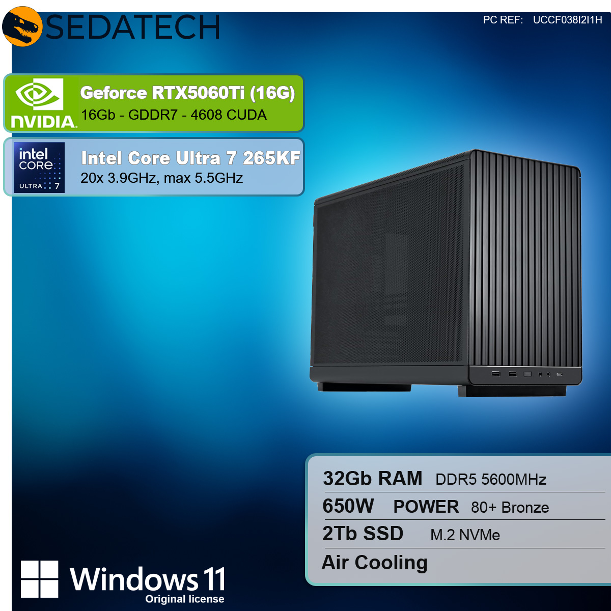 Obudowa komputera na niebieskim tle, ze szczegółami komponentów. Zawiera Nvidia GeForce RTX 5060Ti, Intel Core Ultra 7 i Windows 11.