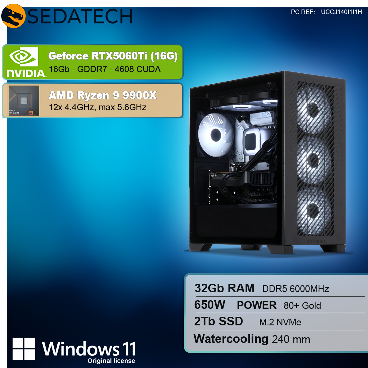 Obudowa komputera z komponentami wewnętrznymi. Posiada GeForce RTX5060Ti, AMD Ryzen 9 9900X, 32 GB RAM, 2 TB SSD i chłodzenie wodne.