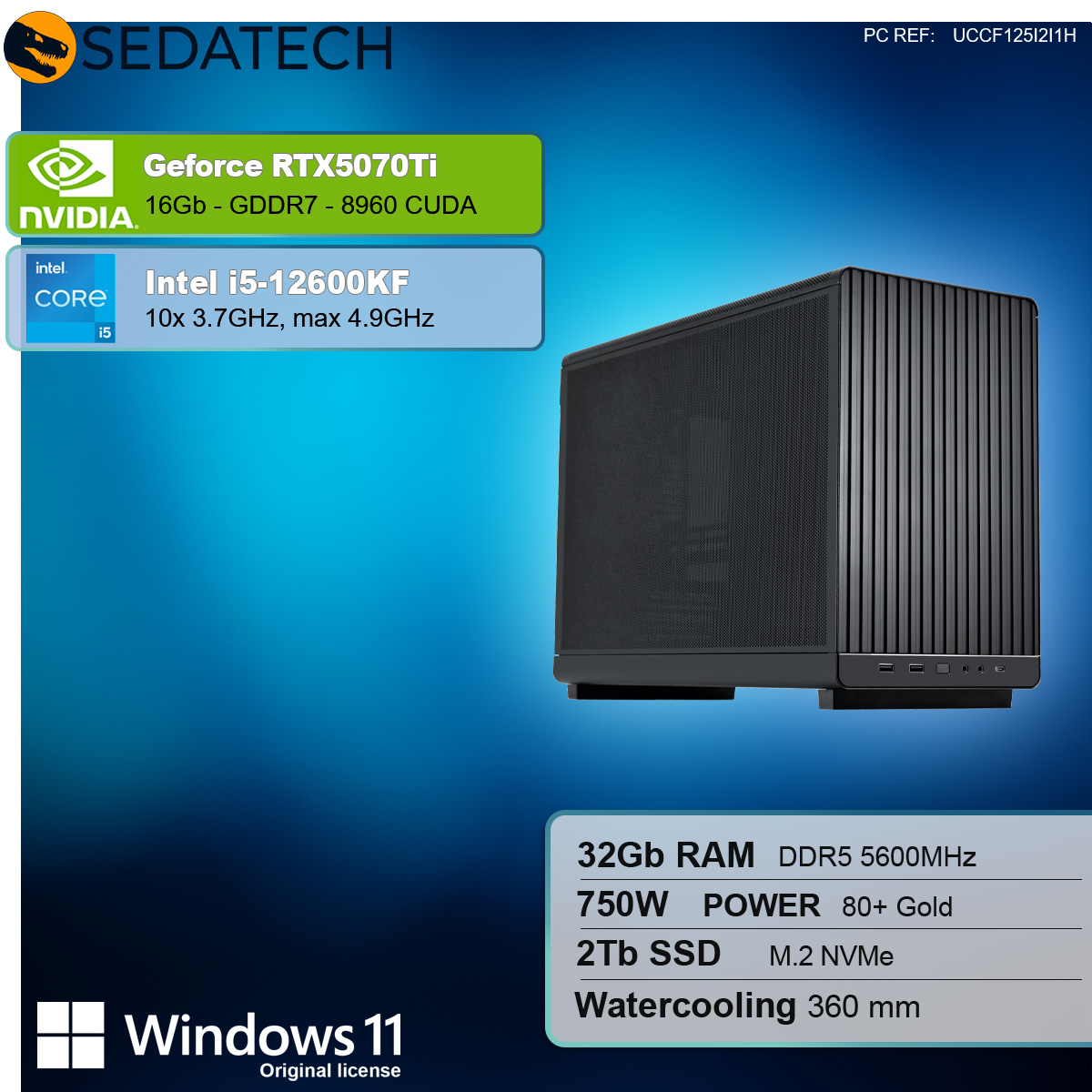 Un case per computer su sfondo sfumato blu. Specifiche: RTX5070Ti, i5-12600KF, 32GB RAM, 2TB SSD e Windows 11.