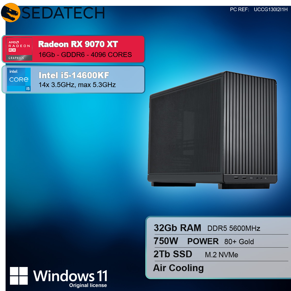 Ein Computer-Tower mit Spezifikationen: Radeon RX 9070 XT, Intel i5-14600KF, 32GB RAM, 2TB SSD und Windows 11.
