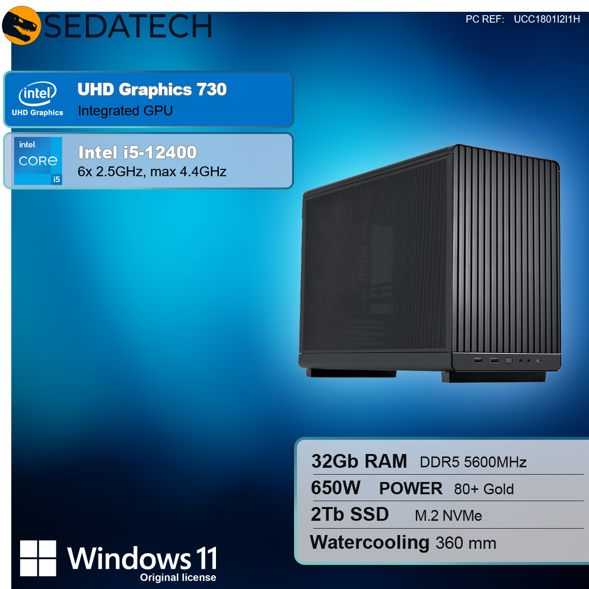 Czarna obudowa komputera ze specyfikacją: Intel i5, 32 GB RAM, 2 TB SSD i Windows 11. Niebieskie tło gradientowe i etykiety tekstowe.