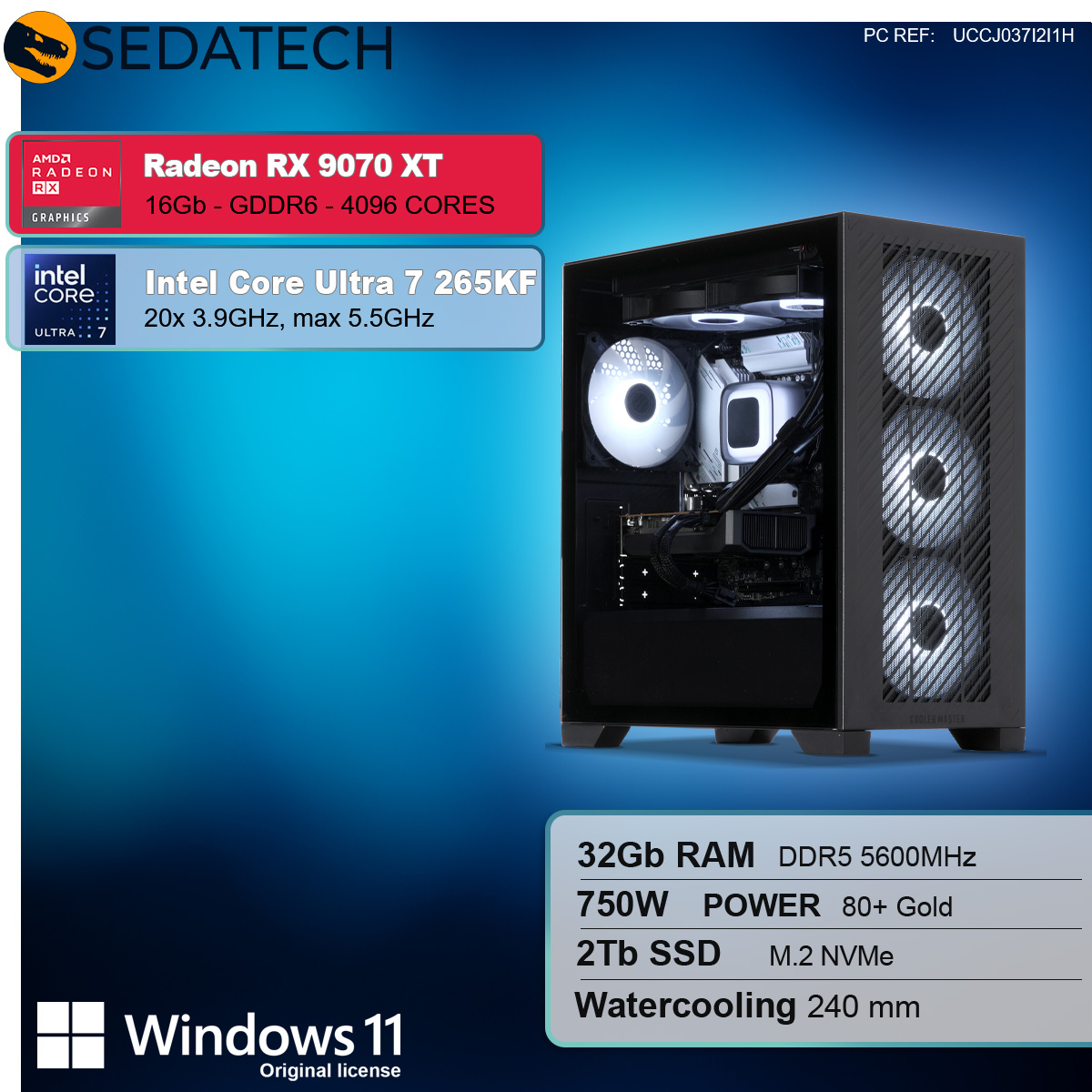 Wyświetlono obudowę komputera z elementami wewnętrznymi. Tekst przedstawia specyfikacje: Radeon RX 9070 XT, Intel Core Ultra 7, 32 GB RAM, 2 TB SSD.