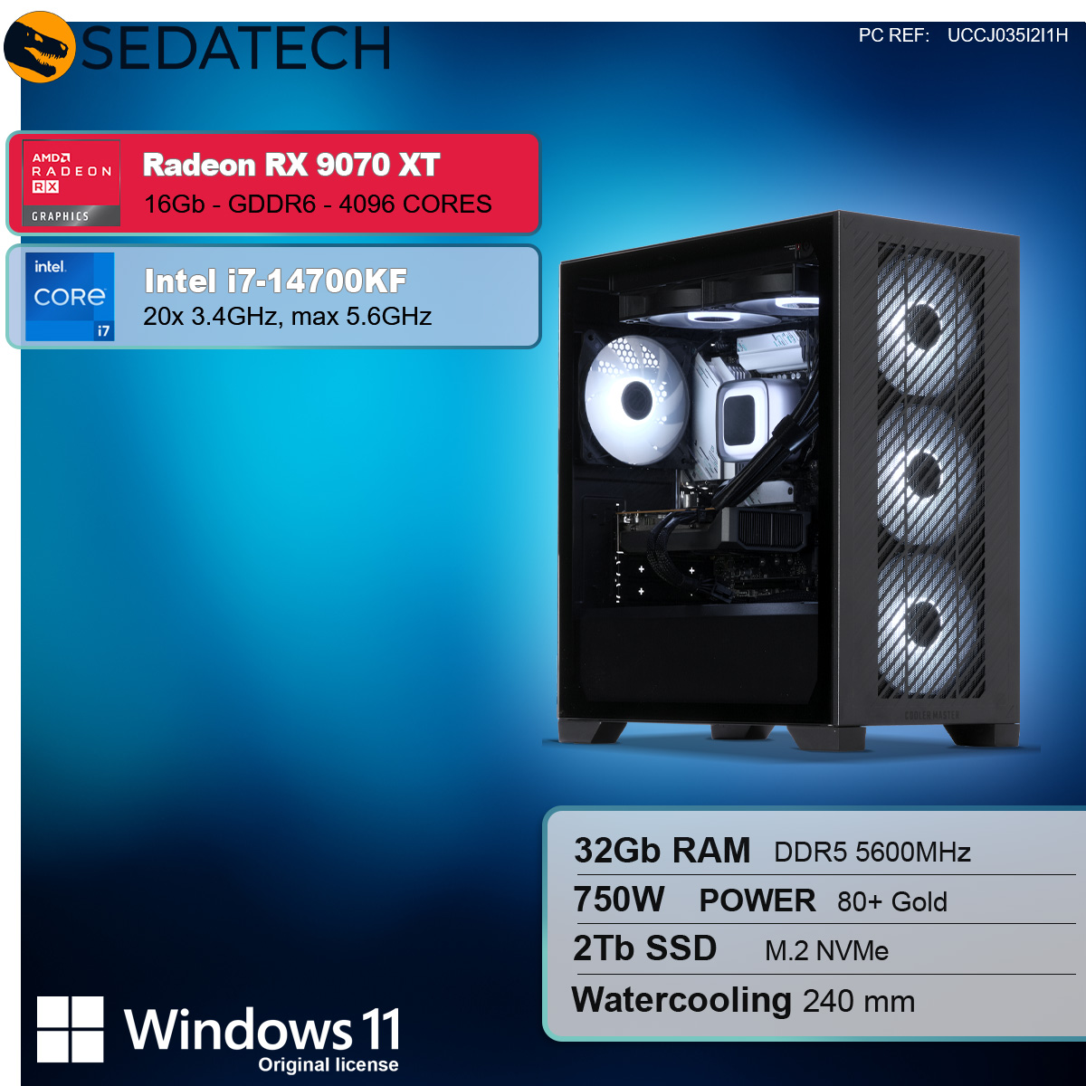 Obudowa komputera z Radeon RX 9070 XT i Intel i7-14700KF. 32 GB RAM, zasilacz 750W i 2 TB SSD.