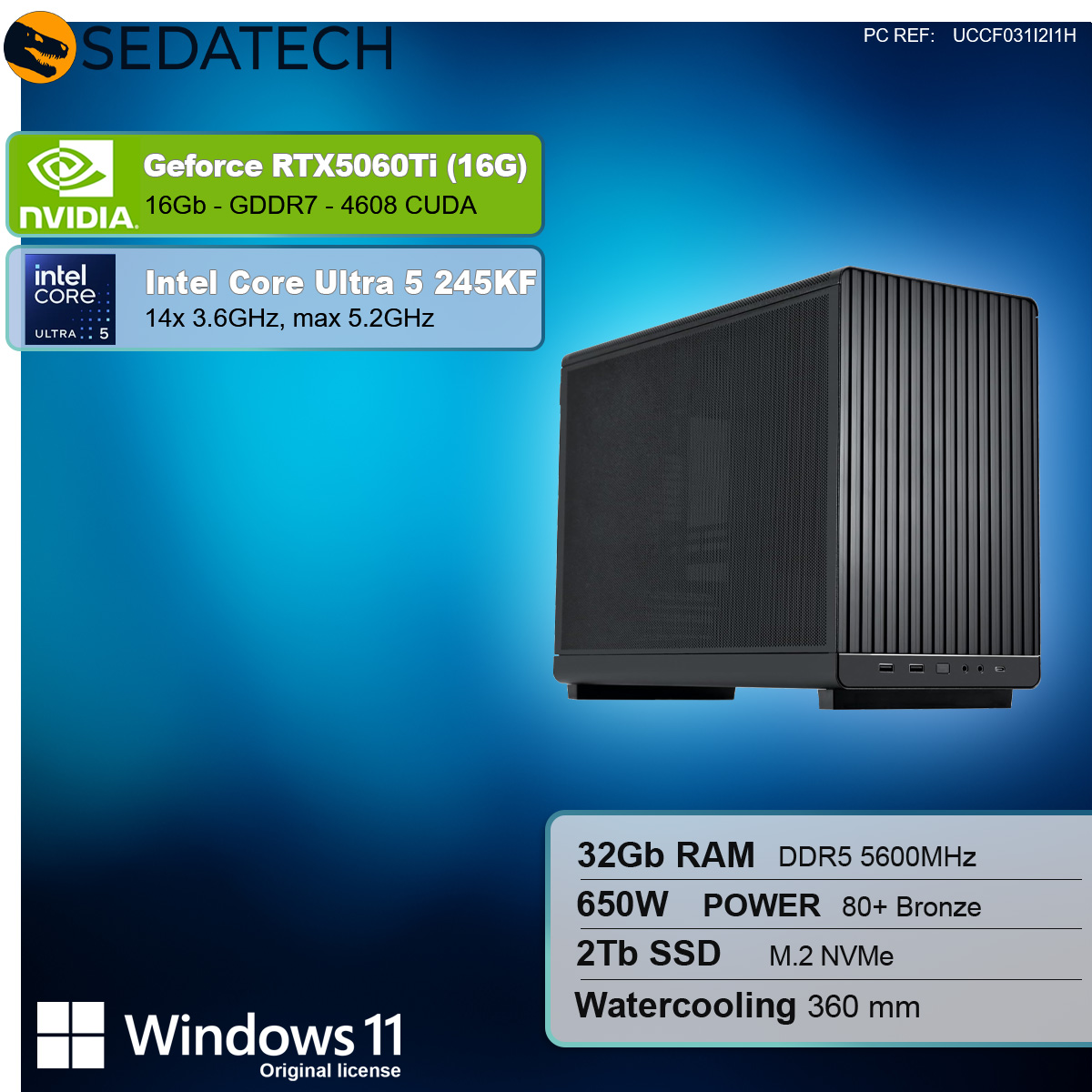 Un case PC nero su sfondo blu. Specifiche: RTX5060Ti, Intel Core Ultra 5, 32GB RAM, 650W, 2TB SSD, raffreddamento a liquido.