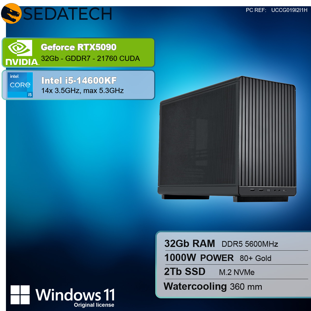Obudowa komputera z detalami komponentów, takimi jak GeForce RTX 5090, Intel i5 i logo Windows 11 na niebieskim tle.