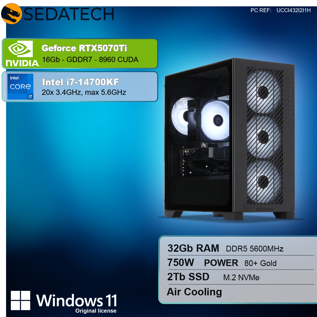 Un case di computer con pannello laterale in vetro mostra i componenti interni. Le specifiche includono una GeForce RTX5070Ti, Intel i7-14700KF, 32GB RAM e 2TB SSD.