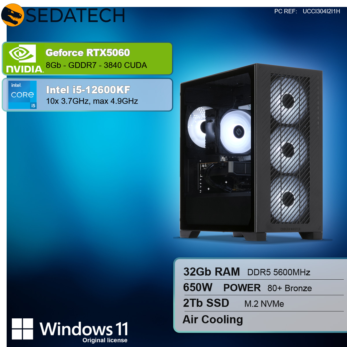 Un case per computer con Nvidia GeForce RTX5060 e Intel i5-12600KF. Sono elencate le specifiche di RAM, alimentazione, archiviazione e raffreddamento.