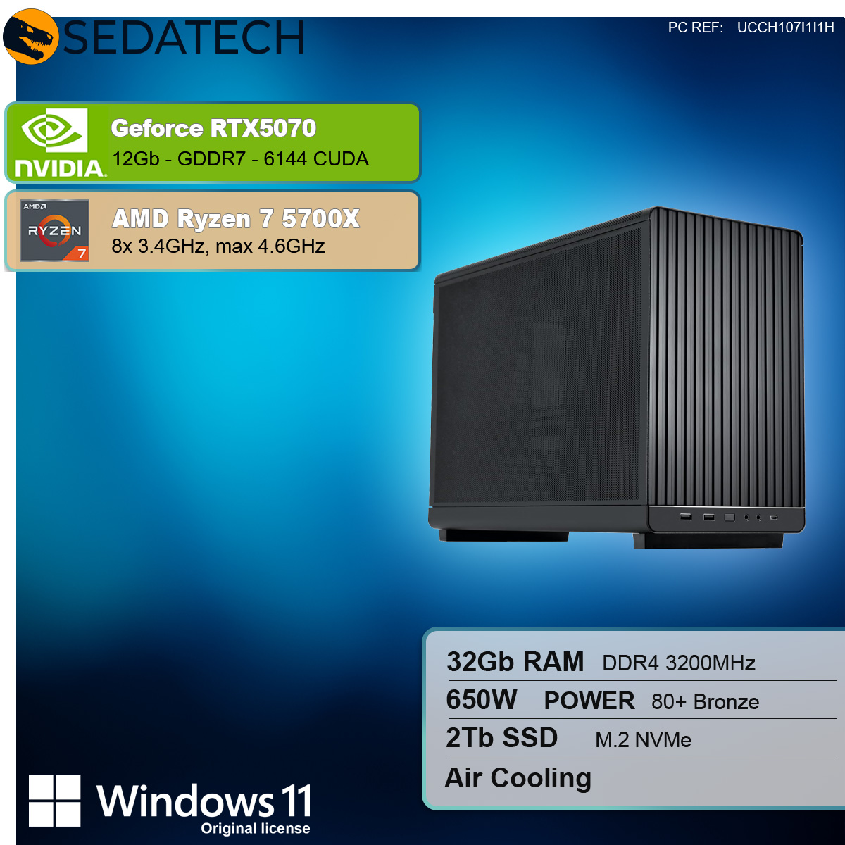 Un case per computer con specifiche NVIDIA GeForce RTX 5070 e AMD Ryzen 7 5700X. Include Windows 11 e dettagli dei componenti.
