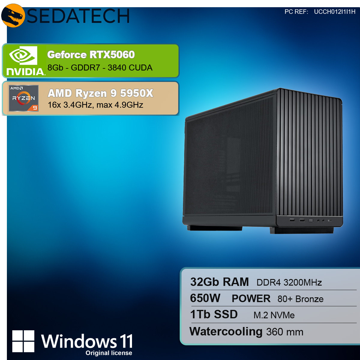 Un case per computer nero con specifiche: RTX5060, Ryzen 9 5950X, 32 GB RAM, alimentazione 650W, 1 TB SSD e Windows 11.