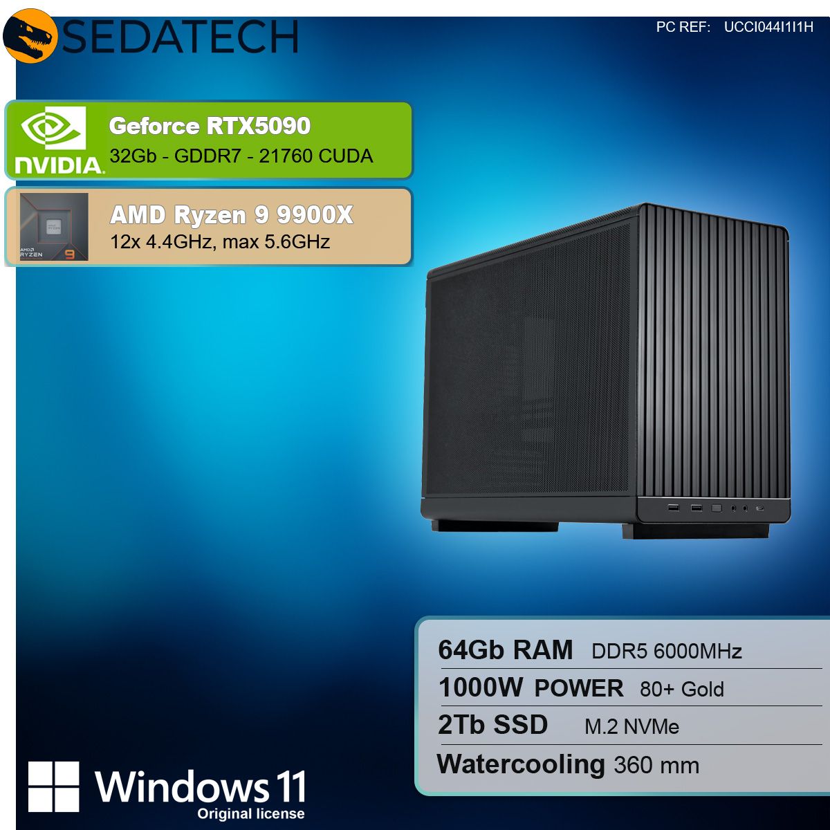 Un case per computer è al centro. Le specifiche includono RTX5090, Ryzen 9 9900X, 64GB RAM, 2TB SSD e Windows 11.