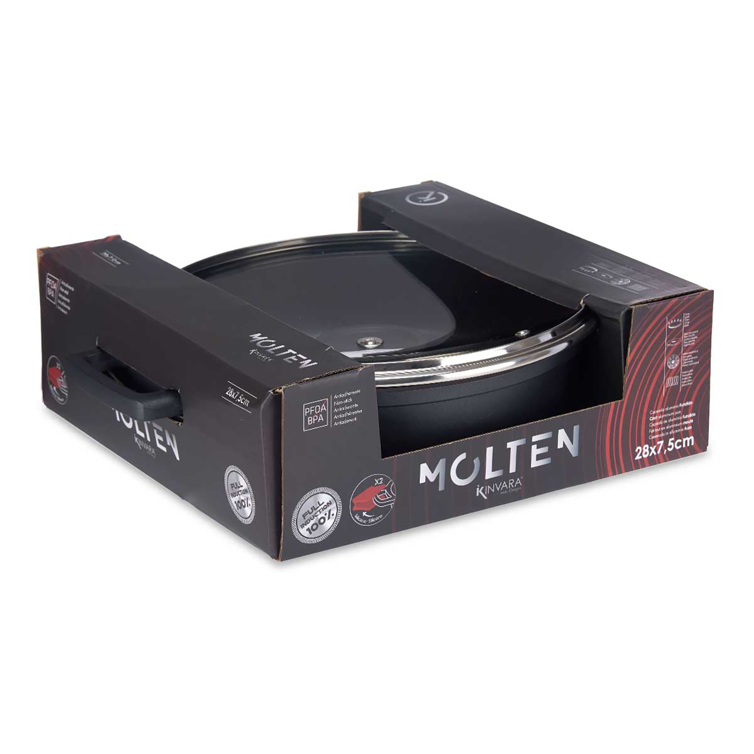Ein schwarzer MOLTEN Kinvara-Topf mit Glasdeckel ist in einem schwarzen Karton verpackt. Die Schachtel hat Text und Logos.