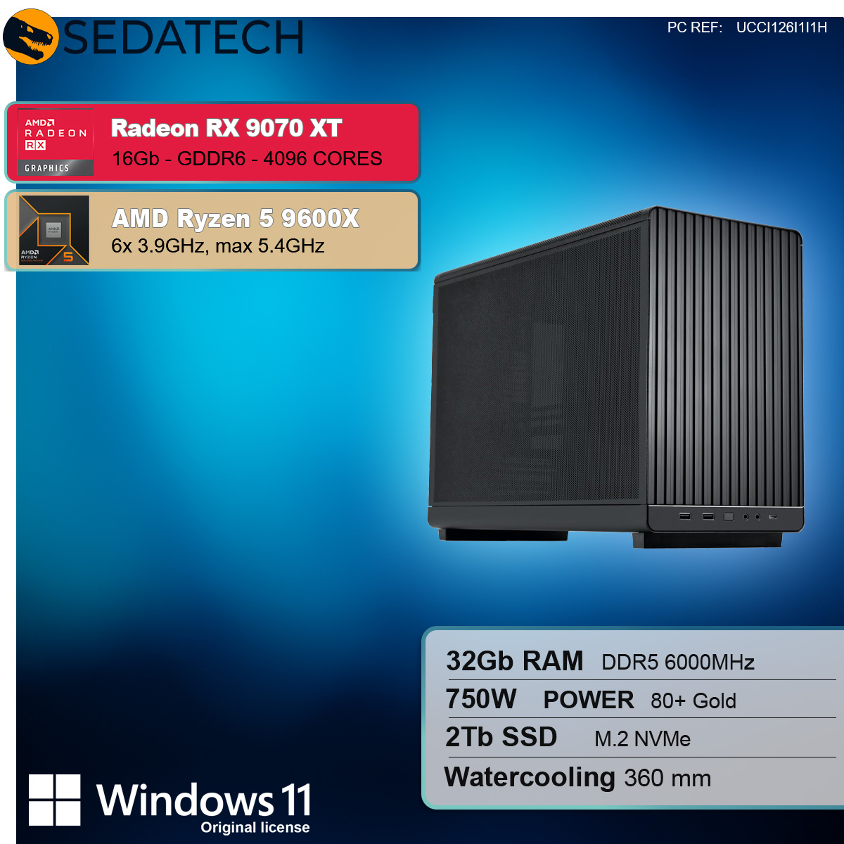 Obudowa komputera ze specyfikacją: RX 9070 XT, Ryzen 5 9600X, 32GB RAM, 750W, 2TB SSD i Windows 11.