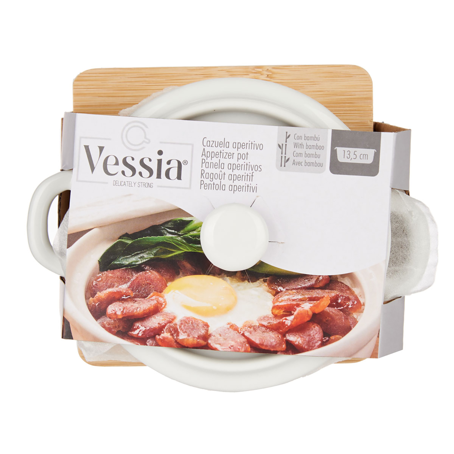 Eine weiße Vorspeisenschale mit einer Box mit Essen: Wurst und Ei. Bambusbasis. Die Marke ist Vessia.