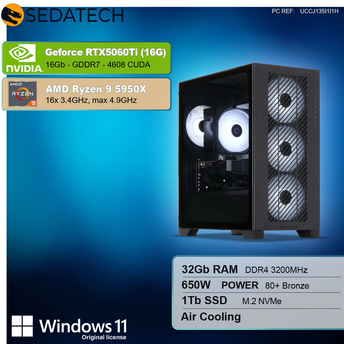 Pokazano obudowę komputera z podświetlanymi wentylatorami. Specyfikacje obejmują GeForce RTX 5060Ti, AMD Ryzen 9, 32 GB RAM i Windows 11.