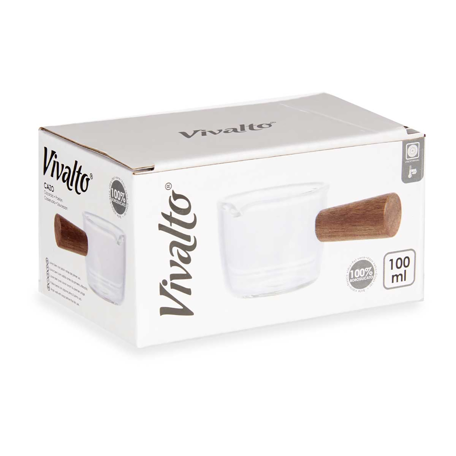 Una scatola bianca con il logo 'Vivalto'. Presenta un misurino in vetro con manico in legno. La scatola riporta le etichette '100 ml' e '100% borosilicato'.