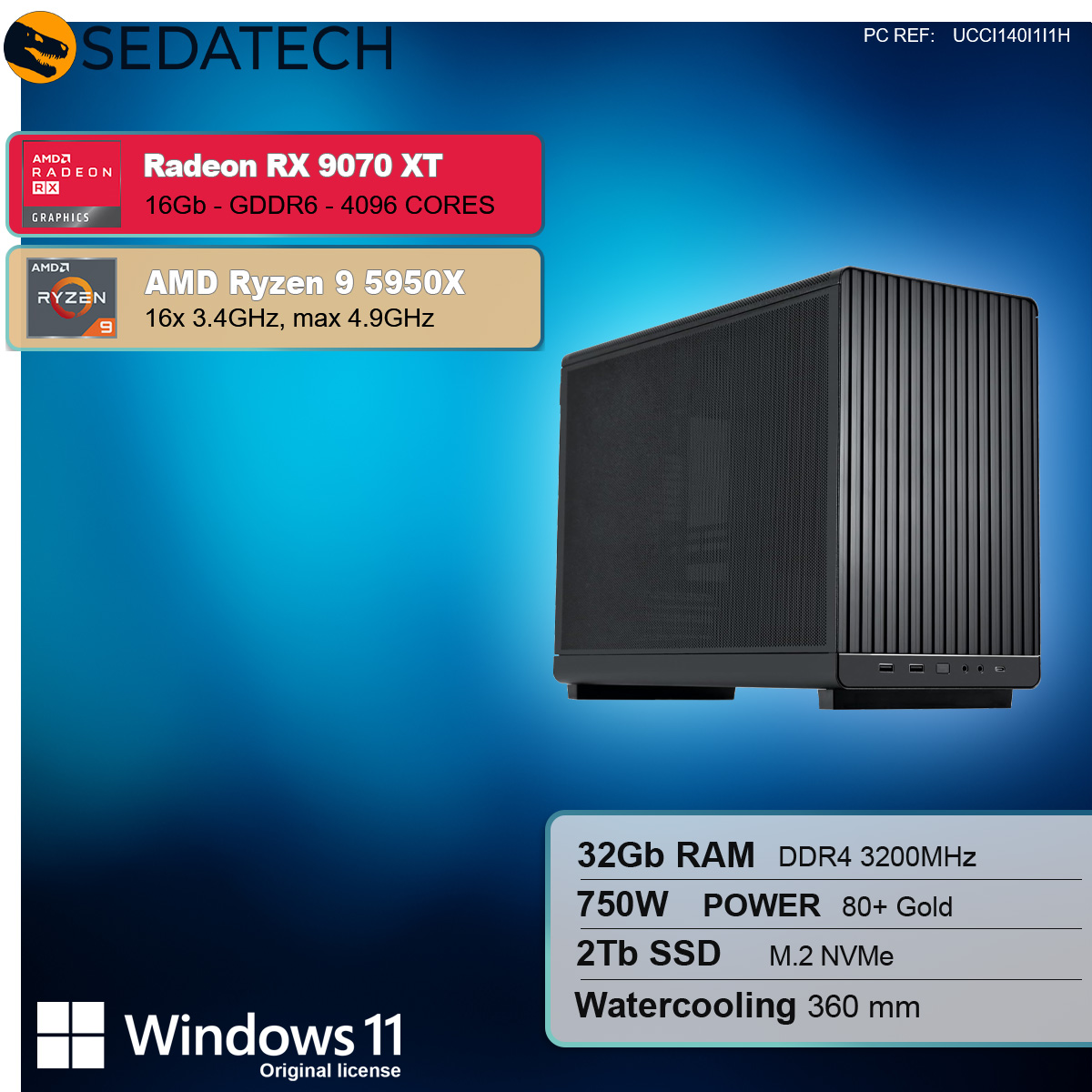Un case per computer con dettagli dei componenti. Radeon RX 9070 XT, AMD Ryzen 9 5950X, 32 GB RAM, 750W, 2TB SSD e Windows 11.
