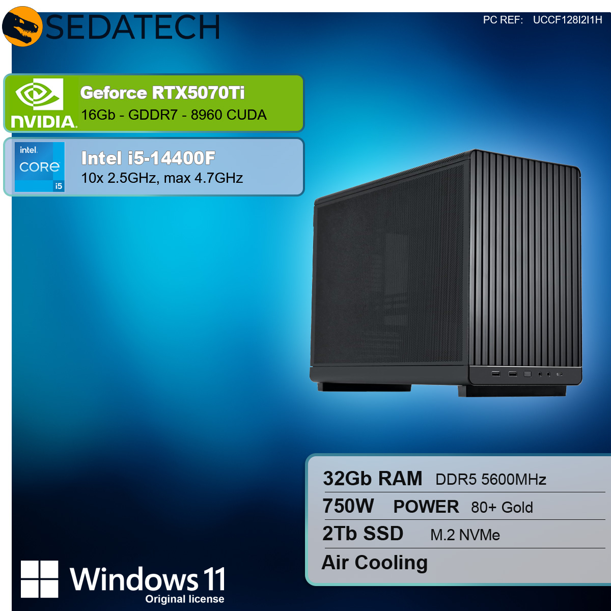 Czarna obudowa komputera ze specyfikacjami, w tym RTX5070Ti, Intel i5 i logo Windows 11, na niebieskim tle gradientowym.