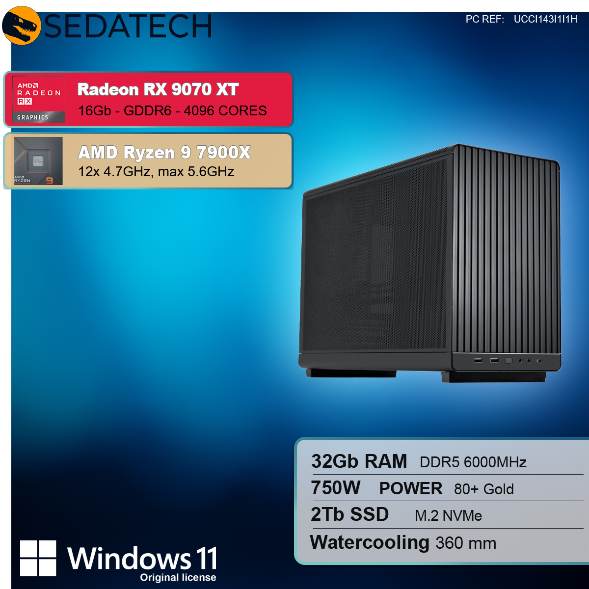 Un case per computer nero con specifiche: Radeon RX 9070 XT, AMD Ryzen 9 7900X, 32 GB RAM, 2 TB SSD e logo Windows 11.