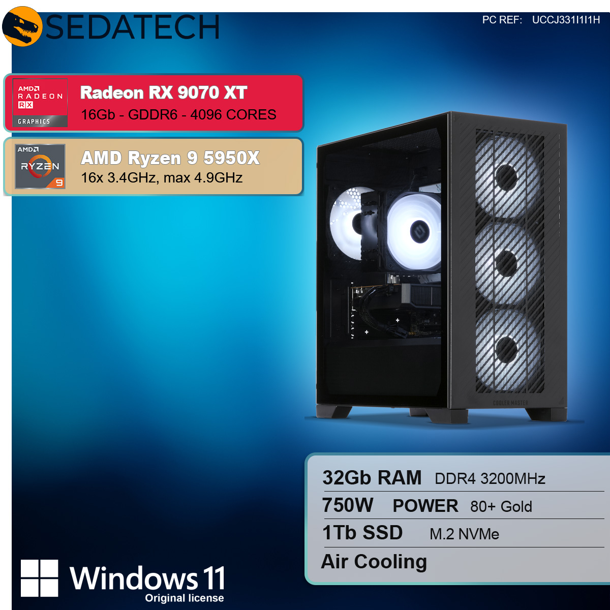 Obudowa komputera z komponentami wewnętrznymi. Posiada AMD Radeon RX 9070 XT i Ryzen 9 5950X, 32 GB RAM, 1 TB SSD i Windows 11.
