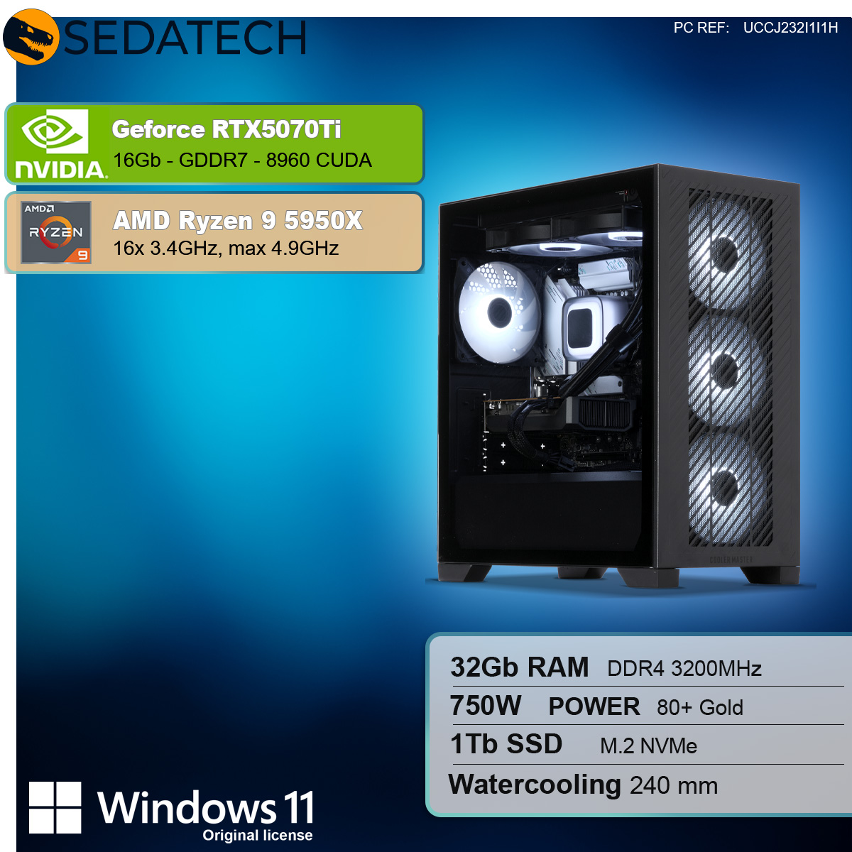 Un case per computer con componenti. Le specifiche includono RTX5070Ti, Ryzen 9 5950X, 32GB RAM, alimentazione 750W, 1TB SSD e Windows 11.