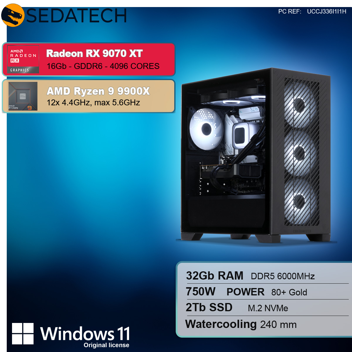 Un case di computer con componenti visibili, tra cui una Radeon RX 9070 XT e AMD Ryzen 9 9900X. Le specifiche includono RAM, SSD e raffreddamento a liquido.