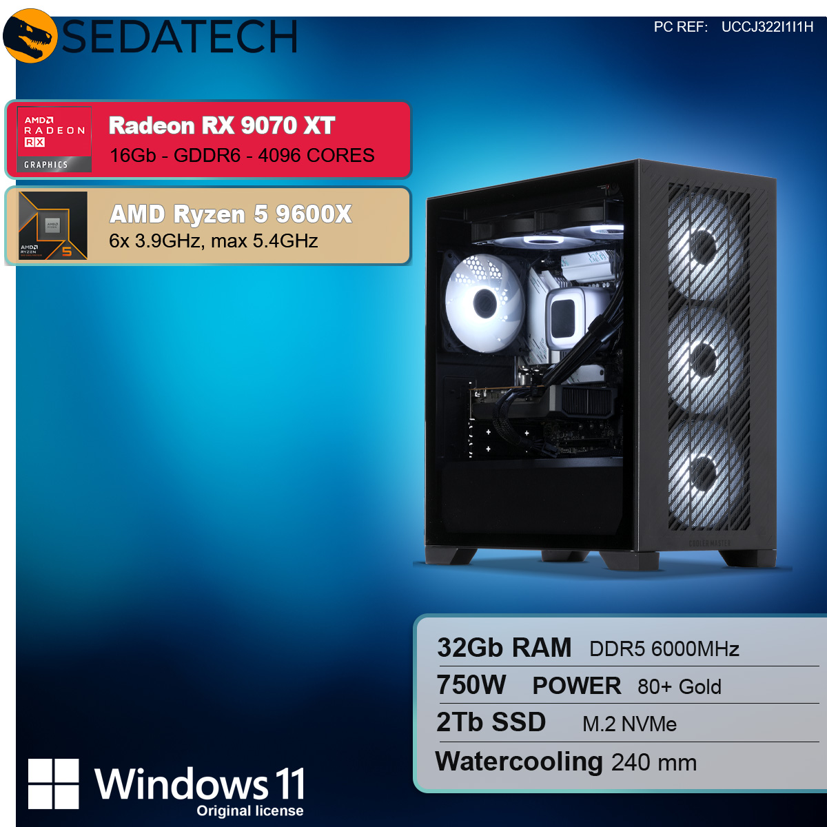 Viene visualizzato un case per computer con componenti interni. Il testo mostra le specifiche: scheda grafica RX 9070 XT, CPU Ryzen 5 9600X, 32 GB di RAM e Windows 11.