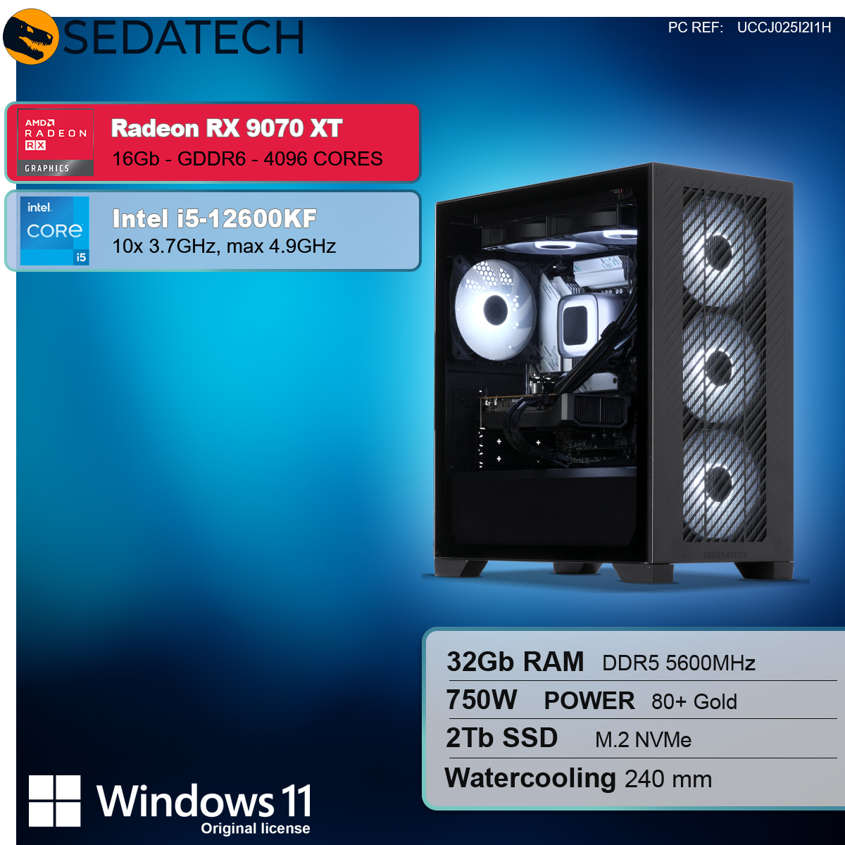 Ein Computergehäuse mit internen Komponenten. Informationstafeln zeigen Radeon RX 9070 XT, Intel i5-12600KF, 32 GB RAM und Windows 11.
