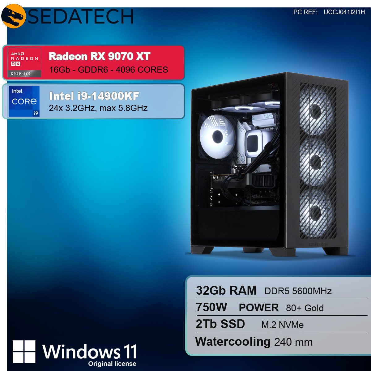 Wyświetlany jest obudowa komputera z komponentami wewnętrznymi. Specyfikacje obejmują Radeon RX 9070 XT, Intel i9-14900KF, 32 GB RAM i Windows 11.