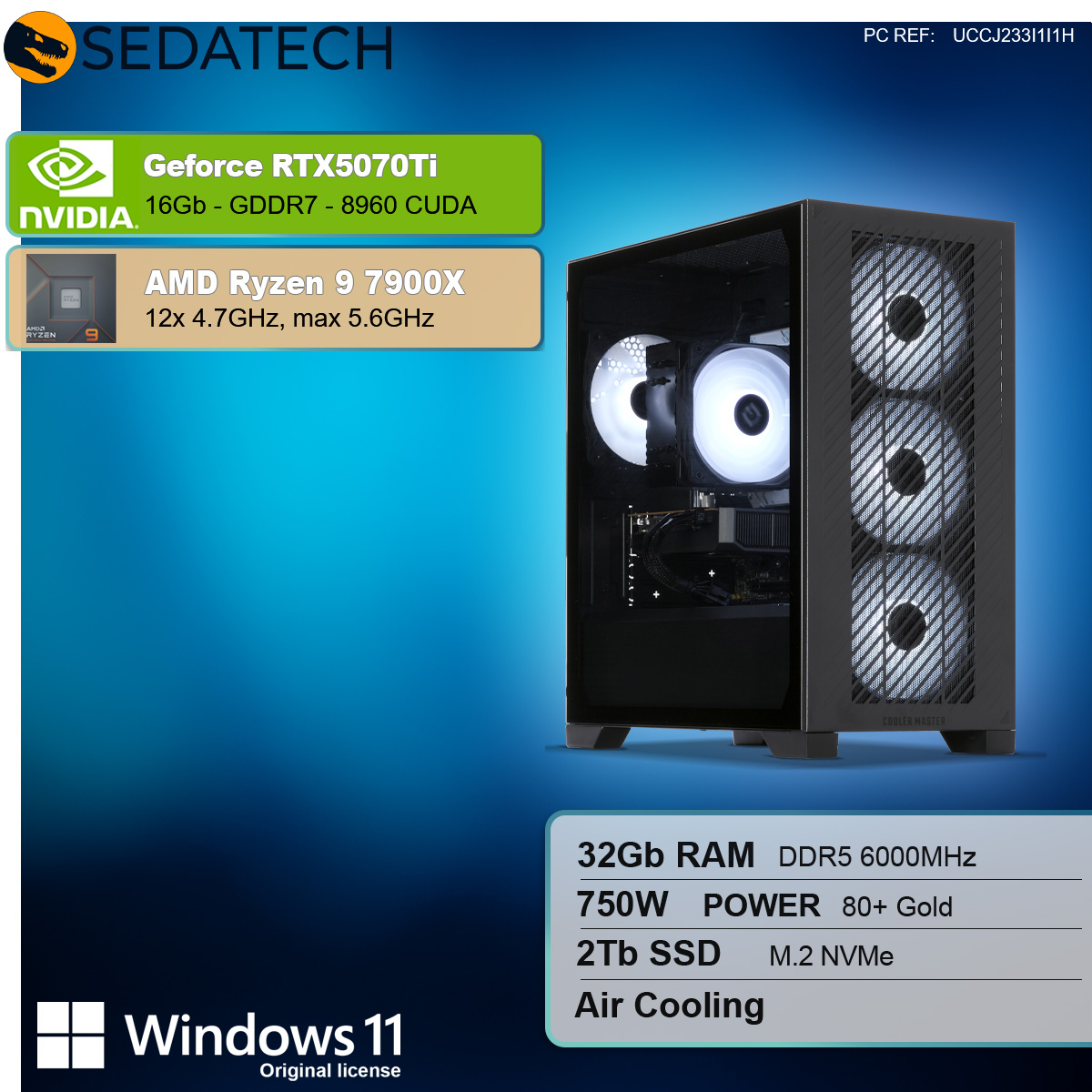 Un case per computer con ventole illuminate. Le specifiche includono RTX5070Ti, Ryzen 9, 32GB RAM, 2TB SSD e Windows 11.