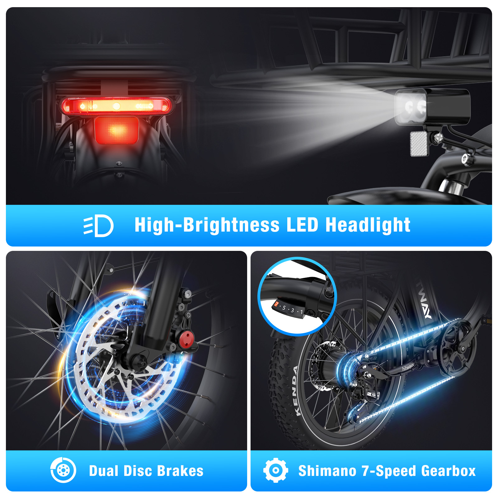 Een elektrische fiets met LED-koplamp, schijfremmen en Shimano 7-versnellingsbak.