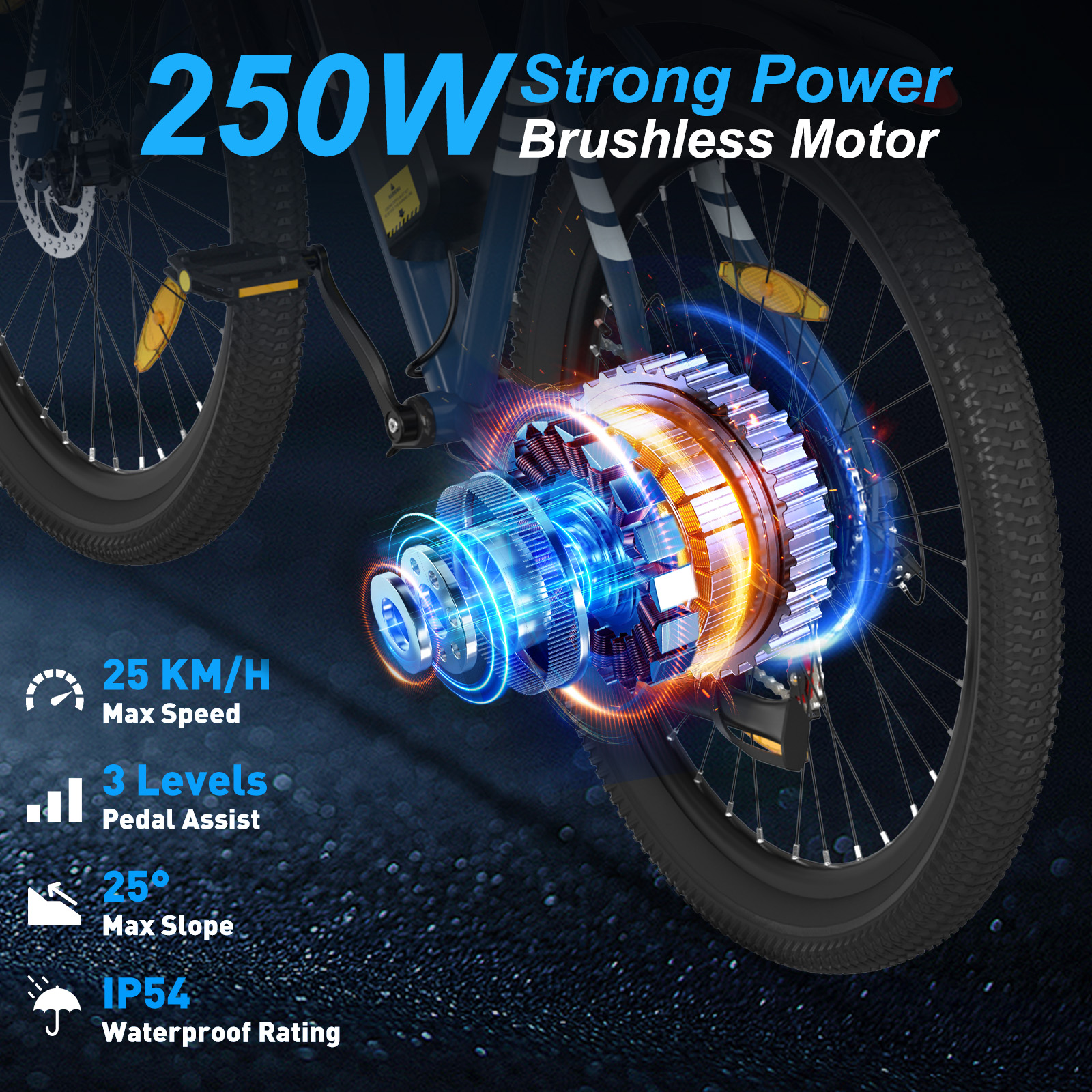 E-bike z silnikiem 250W, pokazujący szczegóły koła i infografiki, w tym maks. prędkość i stopień wodoodporności.