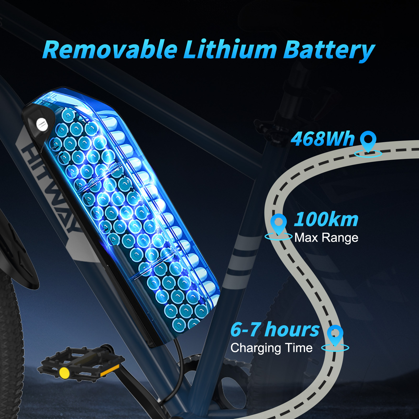 Niebieski e-bike z wyjmowaną baterią litową. Szczegóły: 468Wh, 100km zasięgu i 6-7 godzin ładowania.