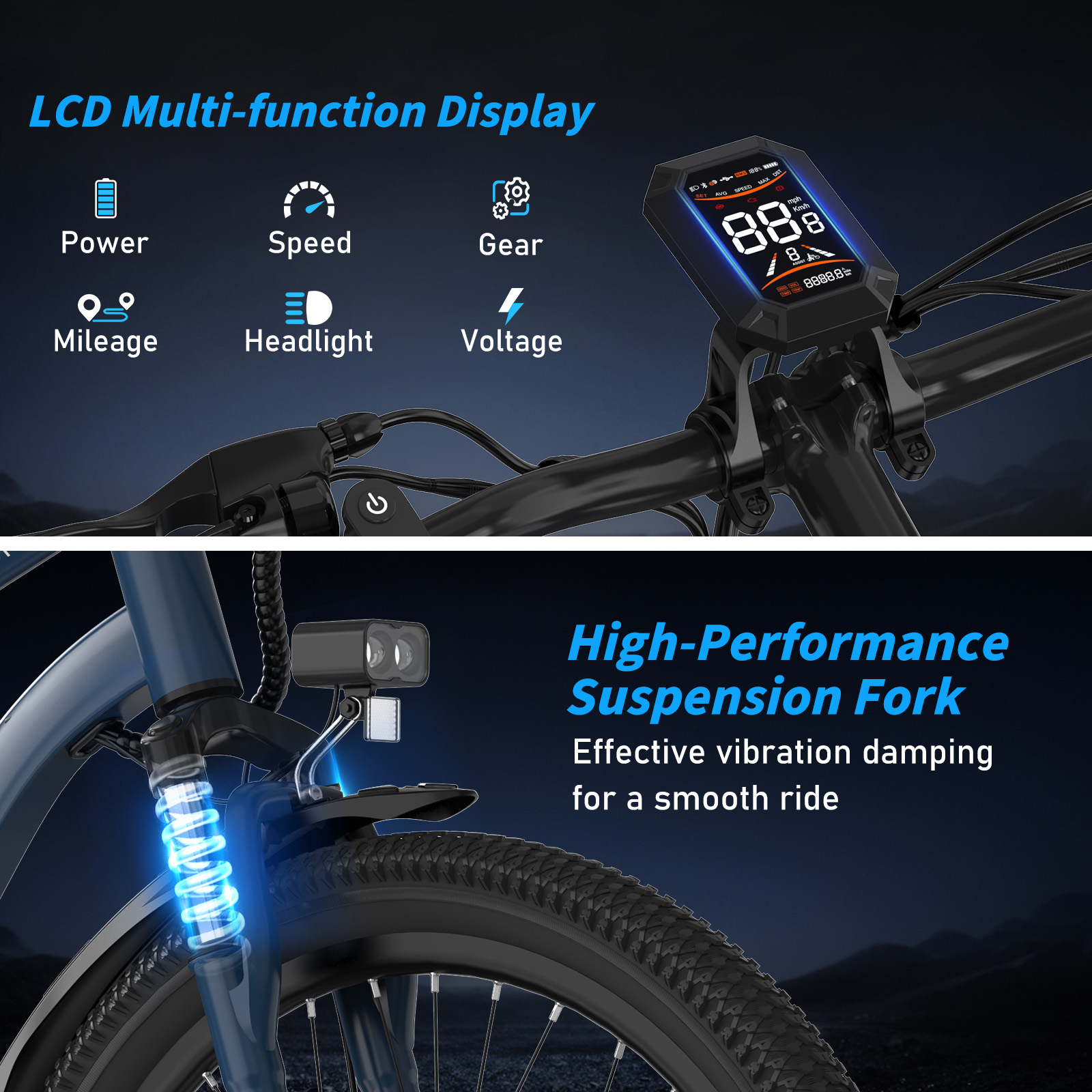 Wyświetlacz roweru elektrycznego pokazuje prędkość, bieg i baterię. Poniżej widoczny jest widelec amortyzowany z reflektorem.