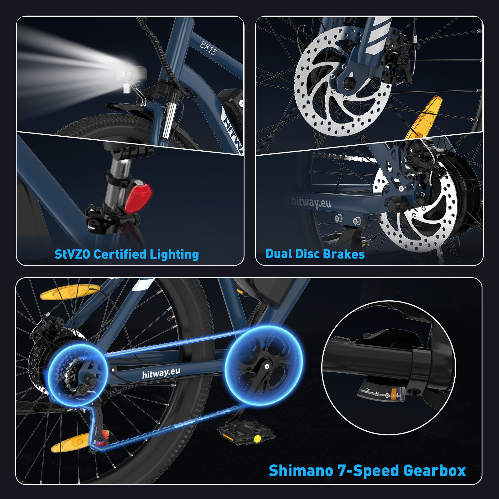 Niebieski rower z oświetleniem StVZO, podwójnymi hamulcami tarczowymi i 7-biegową skrzynią Shimano.