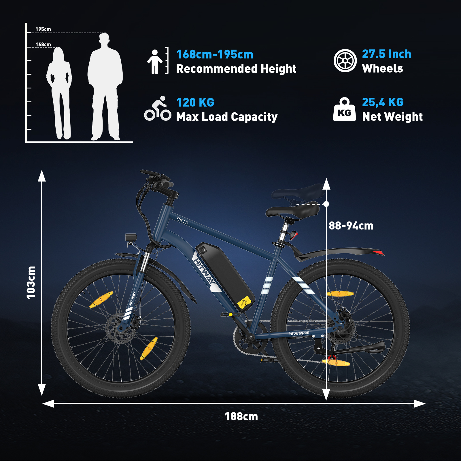 Niebieski e-bike ze specyfikacjami: wysokość, nośność i waga. Wymiary pokazano z pomiarami.