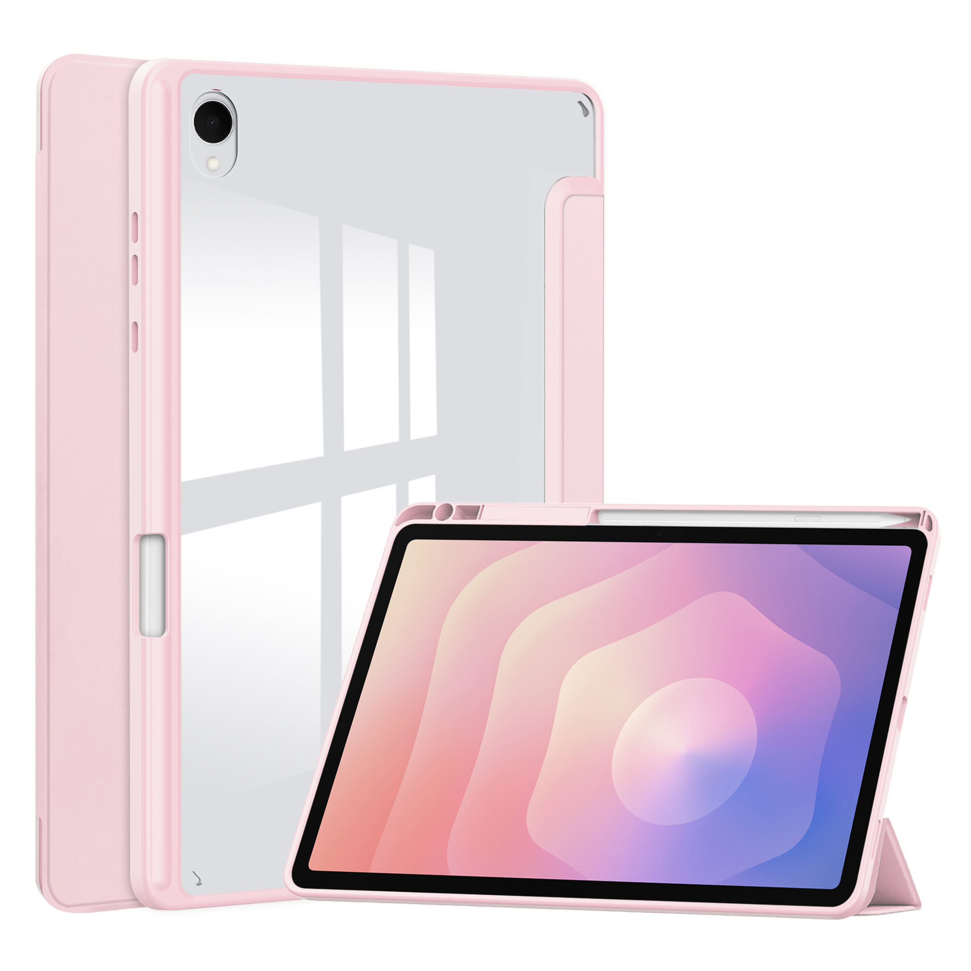 Roze tablethoes met een tablet erin. Het scherm toont roze, paarse en blauwe verlopen. Er staat nog een hoes achter.