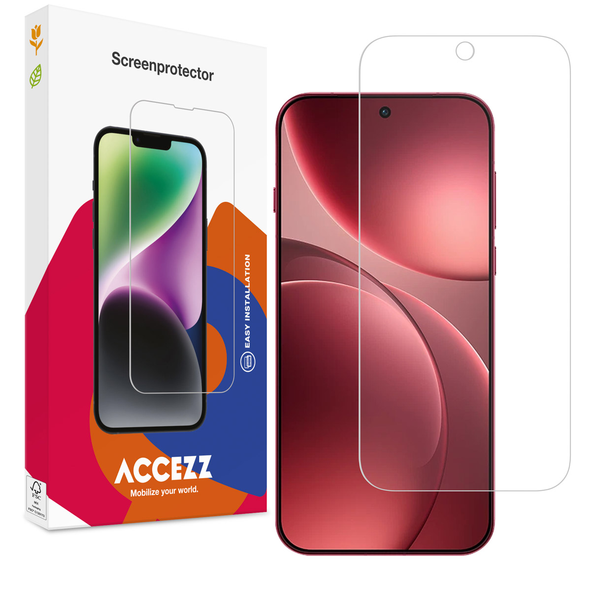 Een telefoon en een schermbeschermer worden getoond. De telefoon is rood met een schermbeschermer ernaast en een doos aan de linkerkant.