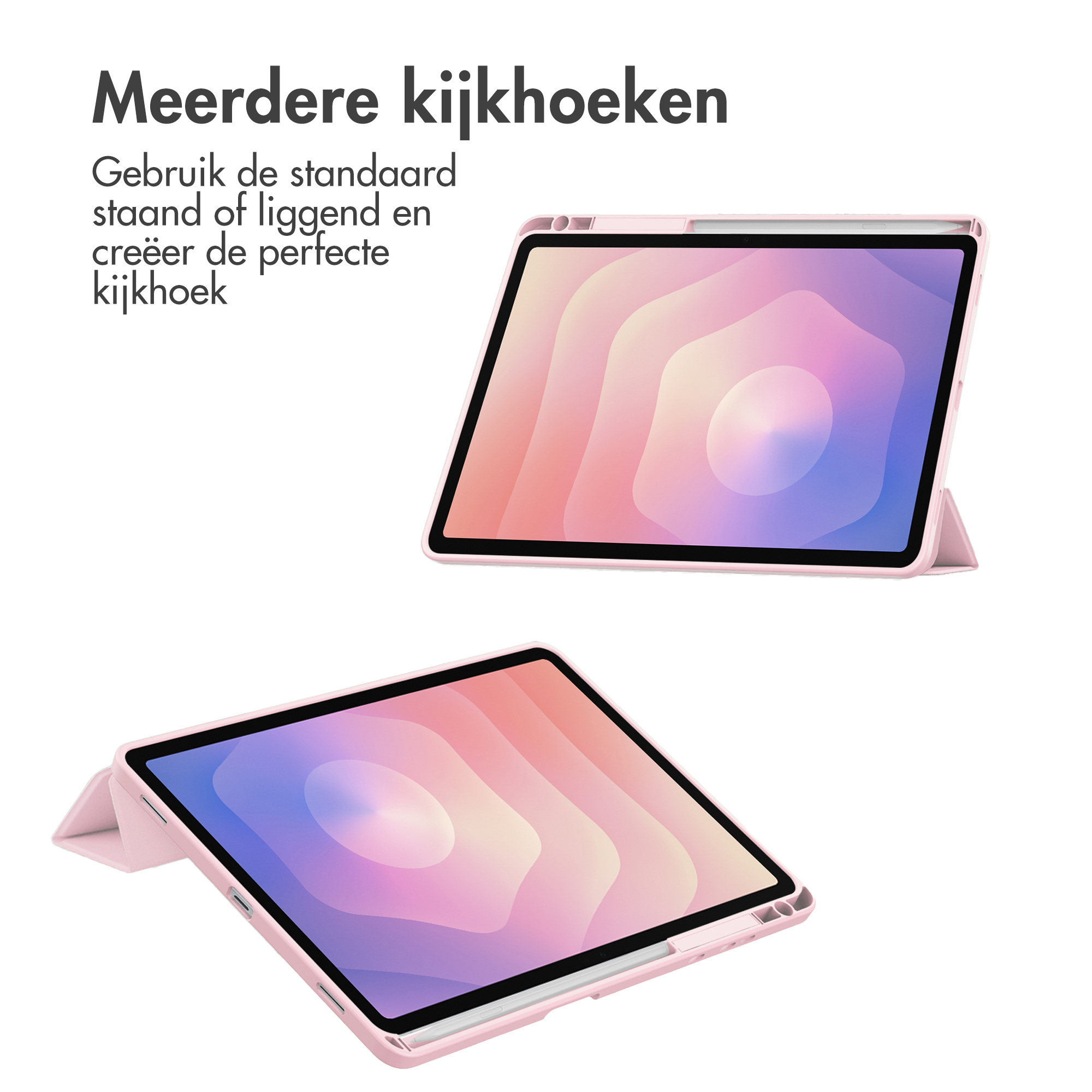 Twee roze tablets met een standaard, één omhoog gekanteld. De schermen tonen een abstract roze en paars design.
