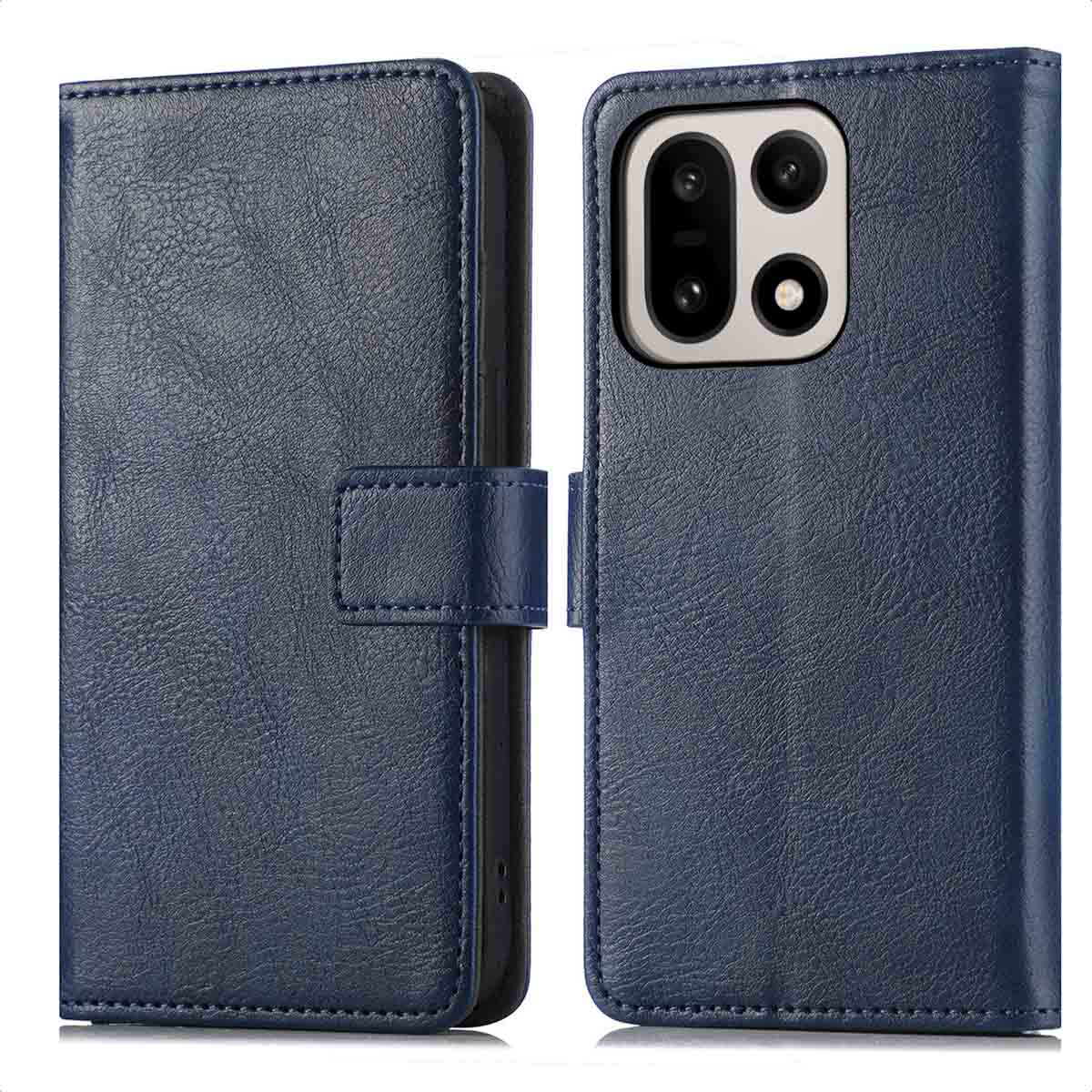 Un étui de téléphone en cuir bleu, ouvert. Il a une découpe pour l'appareil photo. Le côté gauche est fermé par une sangle.