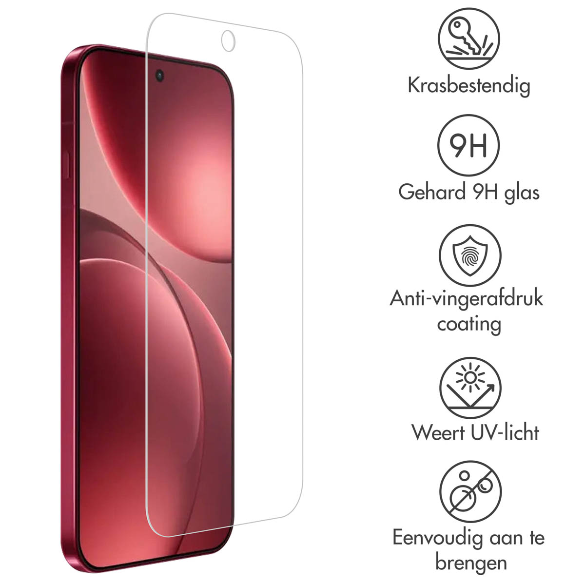 Een rode telefoon met een schermbeschermer. Tekstlabels geven krasbestendigheid, 9H glas, vingerafdrukbestendigheid, UV-bescherming en eenvoudige applicatie aan.