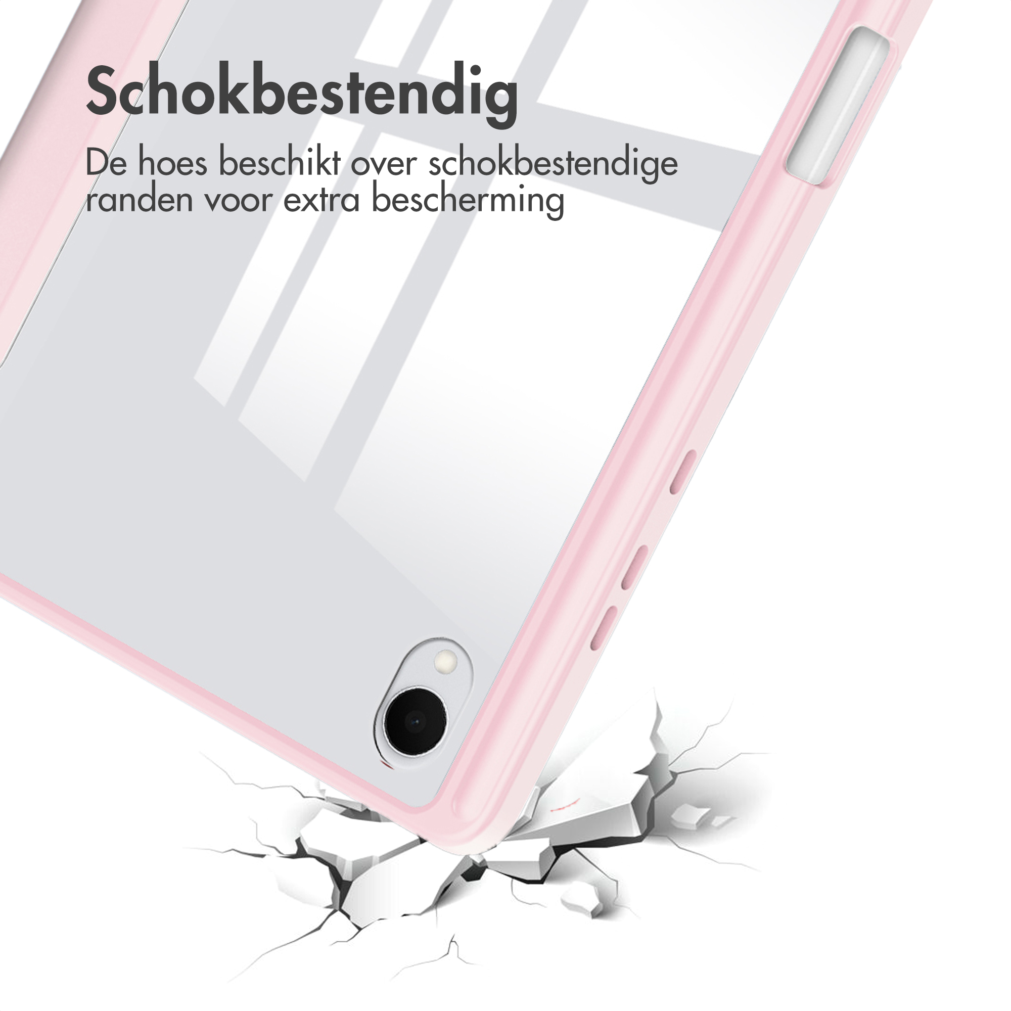 Een roze telefoonhoes lijkt door een wit oppervlak te breken. De hoes heeft een transparante achterkant.