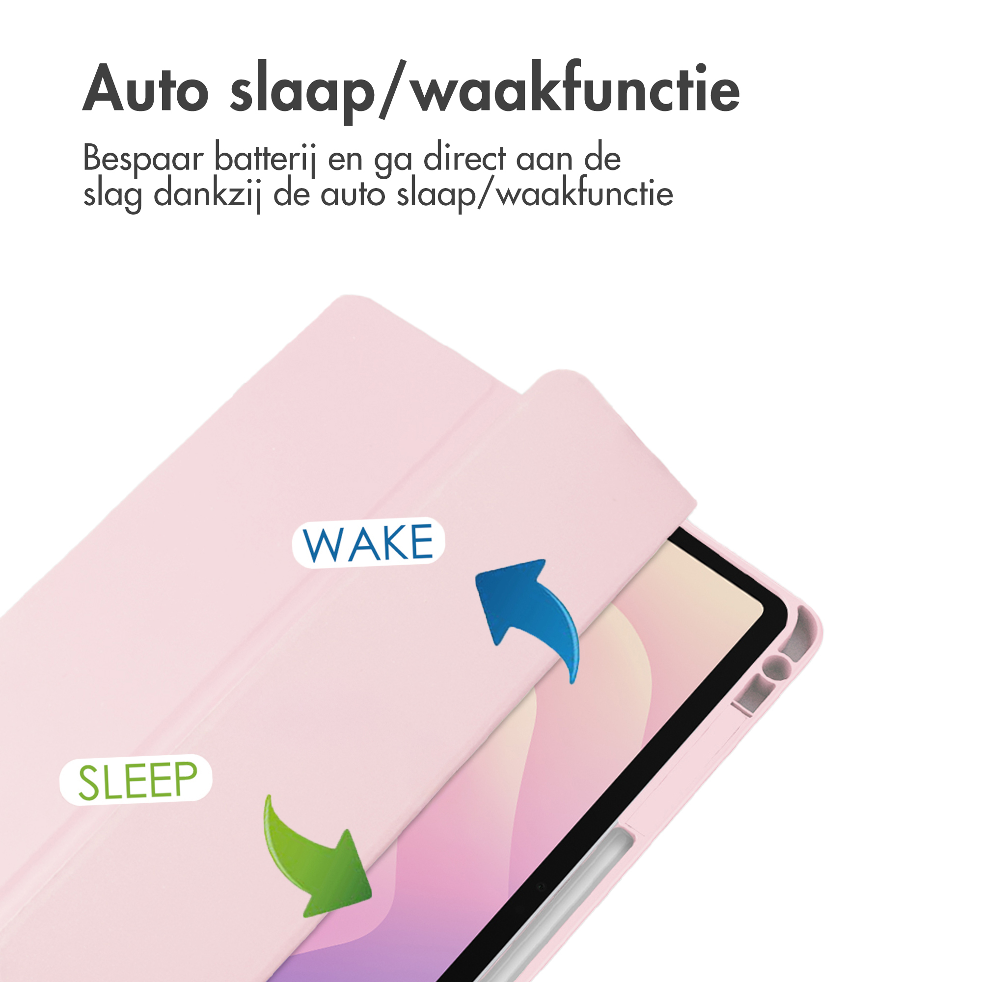 Roze tablethoes met tekst, pijlen die 'Wake' en 'Sleep' aangeven. De hoes is open en toont een tablet.