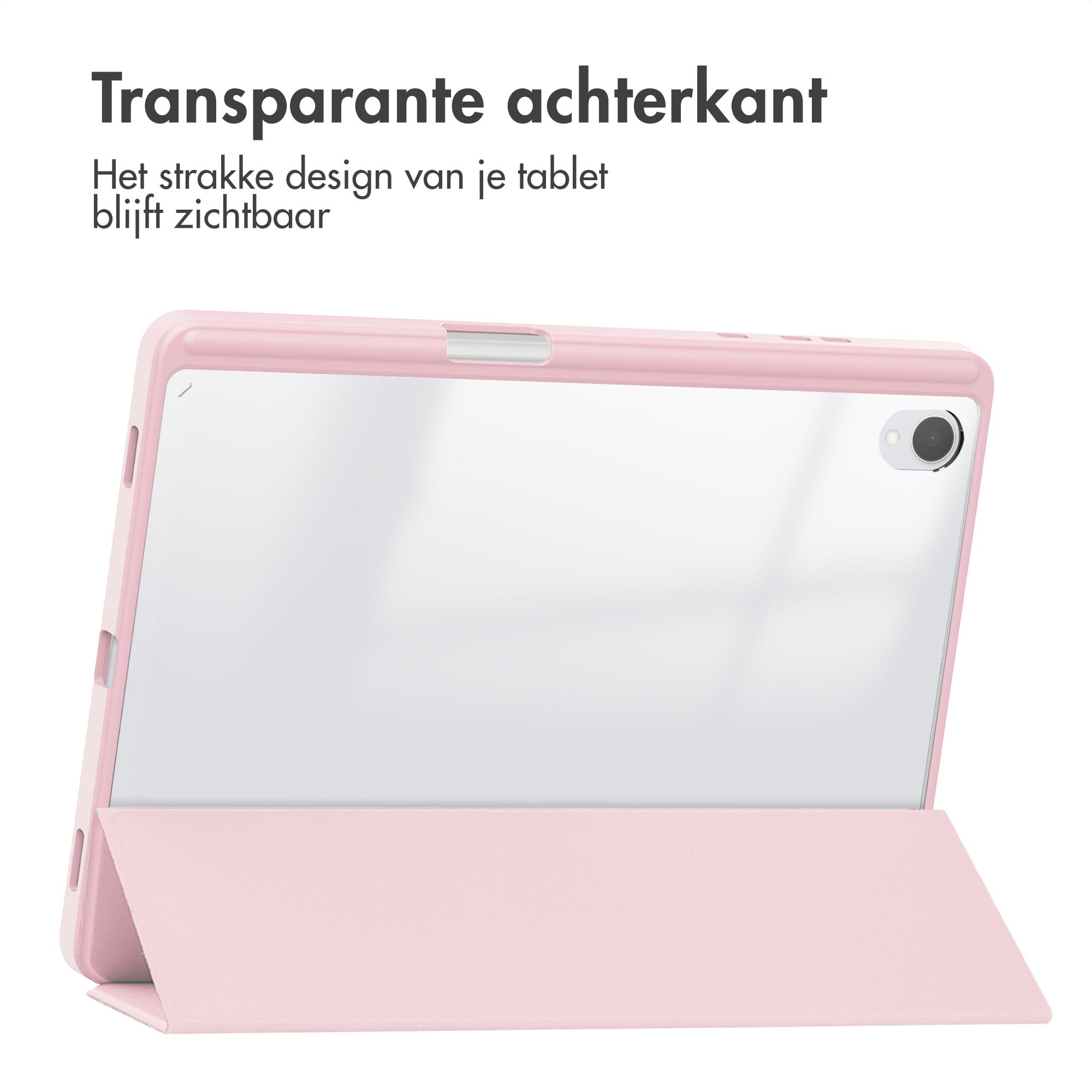 Roze tablet hoes met transparante achterkant, open. Het tablet ontwerp is zichtbaar. Witte achtergrond.